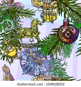 Abstract Christmas and New Year vector seamless pattern featuring Christmas tree fantasy toys in steam-punk style. Hand drawn.  