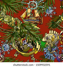Abstract Christmas and New Year vector seamless pattern featuring fantasy abstract Christmas tree toys in vintage steam-punk style. Hand drawn.  
