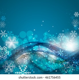 Abstract Christmas and New Year Wave Background with Lights and Snowflakes. Vector Illustration EPS10