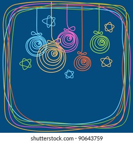 Abstract christmas and new year's background in vector. Card with linear christmas balls, stars and frame of doodles. Space for text