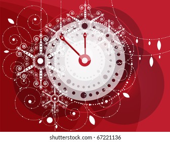 Abstract Christmas ornament with a clock and arrows. Balls on a red background in the form of snowflakes