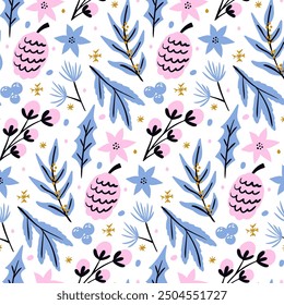 Abstract Christmas pattern, background. Background with Christmas plants. Festive pattern for packaging, textiles, banner, cards and other.