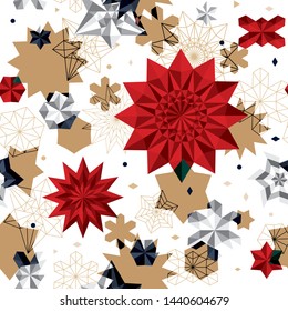 Abstract christmas pattern. Geometric stars or snowflakes on a golden background. Seamless ornament for decor, wallpaper, gift paper and design of New Year's souvenirs. 