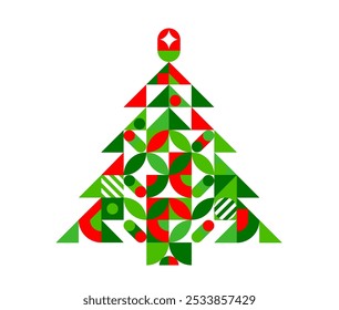 Árbol de pino de Navidades Abstractas de patrón geométrico para vacaciones de Vector, Anuncio de invierno. Árbol de navidad en patrón geométrico moderno de Formas simples con adornos de chuchería en ramas de mosaico verde