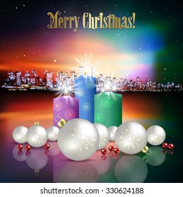 Abstract Christmas pink vector illustration with silhouette of city and candles