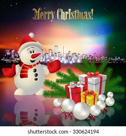 Abstract Christmas pink vector illustration with silhouette of city snowman and gifts