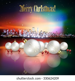 Abstract Christmas pink vector illustration with silhouette of city and white decorations