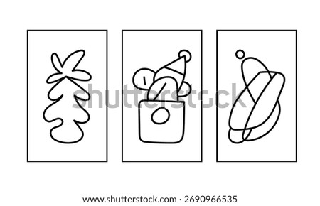Abstract Christmas Poster Set. Minimalist Hand-drawn Line Art with Tree, Santa and Sled. Modern Holiday Wall Art.