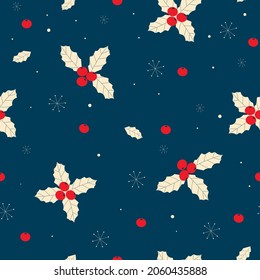 Abstract Christmas print with red berries and snowflakes. Traditional winter seamless pattern. Design for a holiday card, Christmas, New year. Vector illustration.