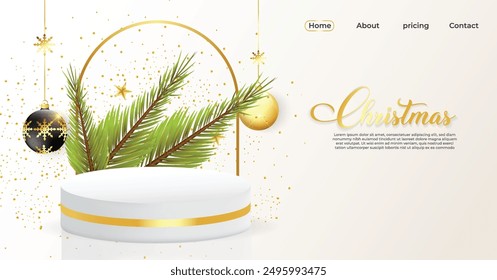 Abstract Christmas product display background design. Merry Christmas Black and golden color podium design. Christmas showcase backgrounds. Pearl art Luxury black color product mockup design