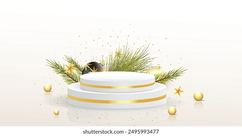 Diseño de fondo de pantalla de producto de Navidades Abstractas. Navidades alegres Diseño de podio en color negro y dorado. Las Navidades muestran los fondos. Arte de la perla Diseño de maqueta de producto de color negro de lujo