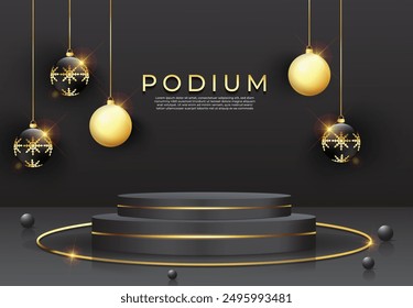 Abstract Christmas product display background design. Merry Christmas Black and golden color podium design. Christmas showcase backgrounds. Pearl art Luxury black color product mockup design