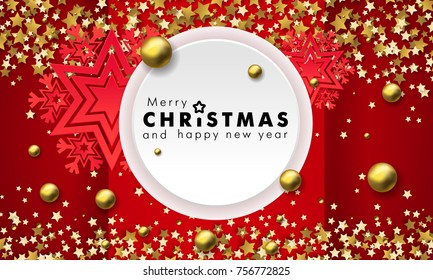 Abstract christmas red background. 3d snowflake and gold balls, golden star confetti. New Year's decorations. Vector illustration background.