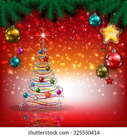 Abstract Christmas red greeting with tree and decorations