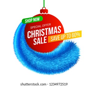 Abstract Christmas Sale banner with blue furry tinsel for special offers, sales and discounts. 60% off