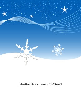 Abstract Christmas scene of two snowflakes, in a winter night sky.