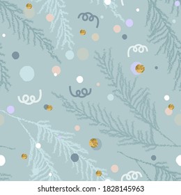 Abstract Christmas seamless pattern with colorful confetti and xmas tree branches brush textures and gold foil glitter decoration. Winter background for invitation, wrapping paper, greeting card, etc
