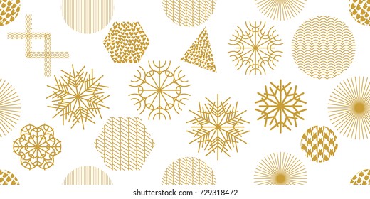 Abstract Christmas seamless pattern with geometric motifs. Snowflakes, triangles, hexagons and circles with different ornaments. Retro textile collection. On white background.