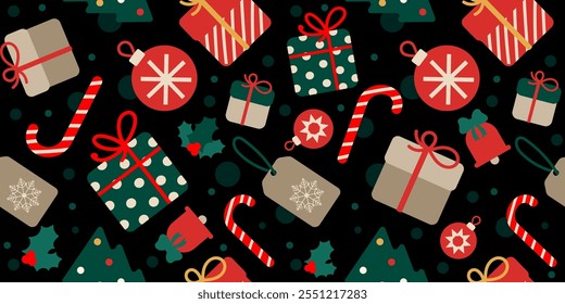 Abstract Christmas seamless pattern with gifts, tree decorations for Xmas and new year holidays. Festive Xmas pattern for paper, textile, wrapping paper, banner, web design, wallpaper. Vector 