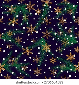 Abstrato Natal padrão sem costura com flocos de neve de ouro e ramos de árvore de abeto verde. Fundo festivo de feriados de inverno, papel de parede, ilustração vetorial.