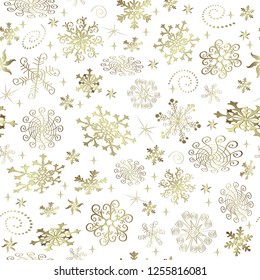 Abstract Christmas seamless pattern with golden snowflakes and stars, vector eps 8