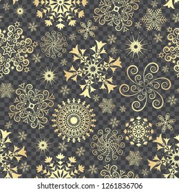 Abstract Christmas seamless pattern with golden snowflakes and stars on a transparent background, vector eps 8