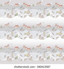 Abstract Christmas seamless pattern with houses. Handdrawn snowdrifts. Vector illustration.