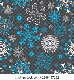 Abstract Christmas seamless pattern with white and blue snowflakes and stars on a transparent background, vector eps 8