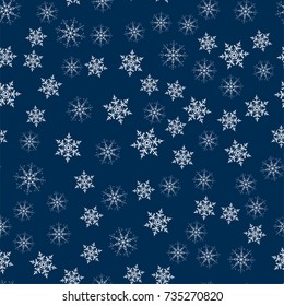 abstract Christmas seamless pattern from white snowflakes on a blue background. For holiday, new year, celebration, party. Vector illustrator.