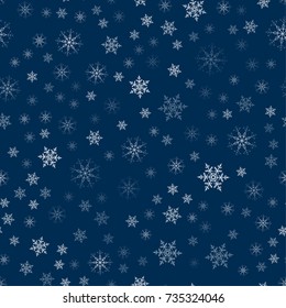 abstract Christmas seamless pattern from white snowflakes on a blue background. For holiday, new year, celebration, party. Vector illustrator.