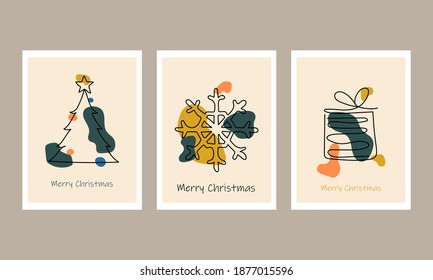 Abstract Christmas set of backgrounds, greeting cards, web posters, flyers, brochures and holiday covers. Christmas tree, snowflake and christmas box. Xmas templates party banner. 
