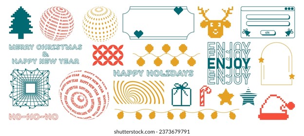 Abstract Christmas shapes in trendy y2k style. Geometric elements with futuristic shapes, frames and backgrounds