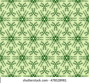abstract Christmas snowflakes. Green color background. Seamless vector illustration. For design and printing.