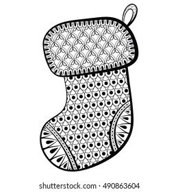 Abstract Christmas Sock. Hand Drawn Vector illustration  in zentangle style. Sketch for adult anti stress coloring pages, tattoo, New Year posters and greeting cards, t-shirt design