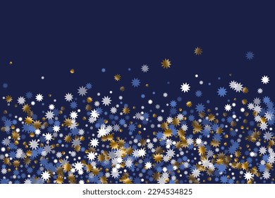 Abstract Christmas star holiday ornament graphic design. Gold blue white twinkle confetti. Poster snowflake pattern. Christmas star icon glitter. New Year traditional explosion.