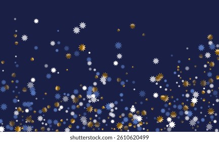 Abstract Christmas star holiday pattern illustration. Gold blue white sparkle confetti. Banner snowflake pattern. Christmas star shape shimmer. Winter beautiful wallpaper.