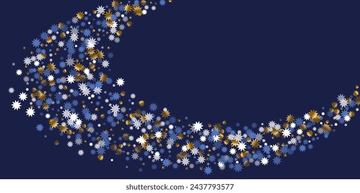 Ilustración abstracta del adorno del vector de la estrella de Navidad. Decoración de brillo azul dorado blanco. Patrón de polvo de estrella. Elementos con forma de estrella de Navidad. Decoración alegre.