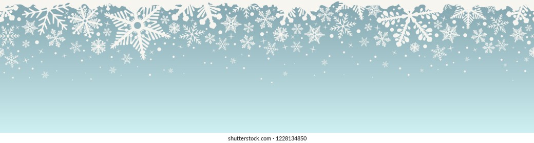 Abstract Christmas Top Snowflake Seamless Border. Background With White Snowflakes And Copy Space. Vector Illustration.