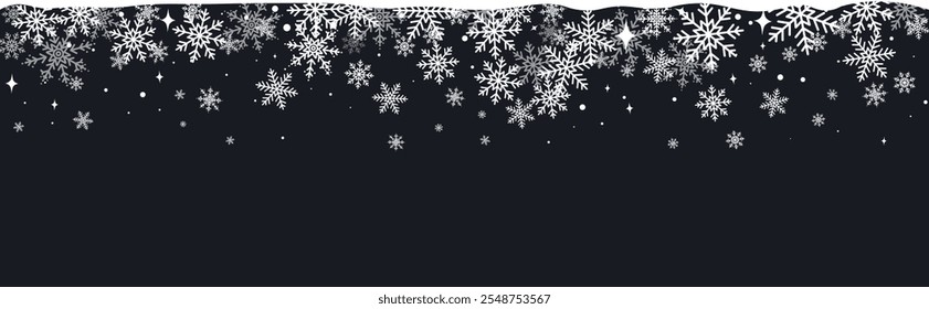 Abstrakte Weihnachten Top Schneeflocke nahtlosen Rand schwarzen Hintergrund. Hintergrund mit weißen Schneeflocken und Kopienraum. Vektorgrafik