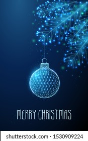 Abstract christmas toy hanging on the fir tree branch. Low poly style design. Abstract geometric background. Wireframe light connection structure. Modern 3d graphic concept. Isolated vector illustrati
