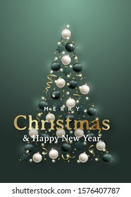 Abstract Christmas tree of 3d realistic green and white baubles, garlands. Merry Christmas and Happy New Year.