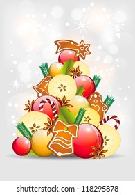 abstract christmas tree, apples, balls and gingerbread, vector illustration, contains gradients and transparency, gradient meshes,  eps10