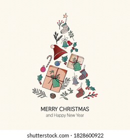 Abstract christmas tree arranged with christmas stuff with Merry Christmas and Happy new year greeting on bright color background. Perfect for greeting card. vector illustration