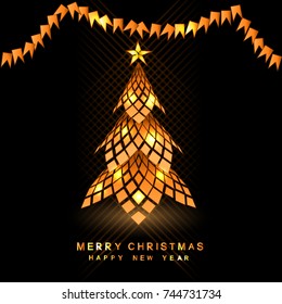 Abstract christmas tree background from orange rectangles on black.