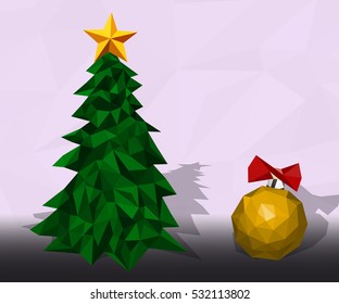 abstract christmas tree and ball in low poly style. Vector illustration.