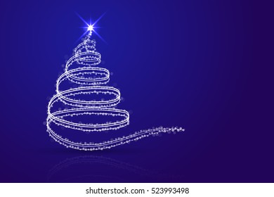 Abstract christmas tree blue background. White christmas tree from lines, sparkles, dots and transparent circles on blue gradient backdrop with shadow and reflection. 