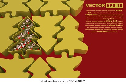 Abstract Christmas tree in a box, in the box are the branches, snowflakes and Christmas red balls. Edit and insert your text. 