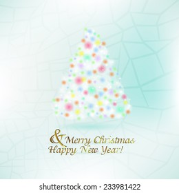 Abstract Christmas tree in the bright glare of the lights on turquoise background