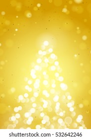 Abstract Christmas Tree by Unfocused Blurred Lights on the Vertical Yellow Background 
