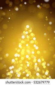 Abstract Christmas Tree by Unfocused Blurred Lights on the Vertical Golden Background 